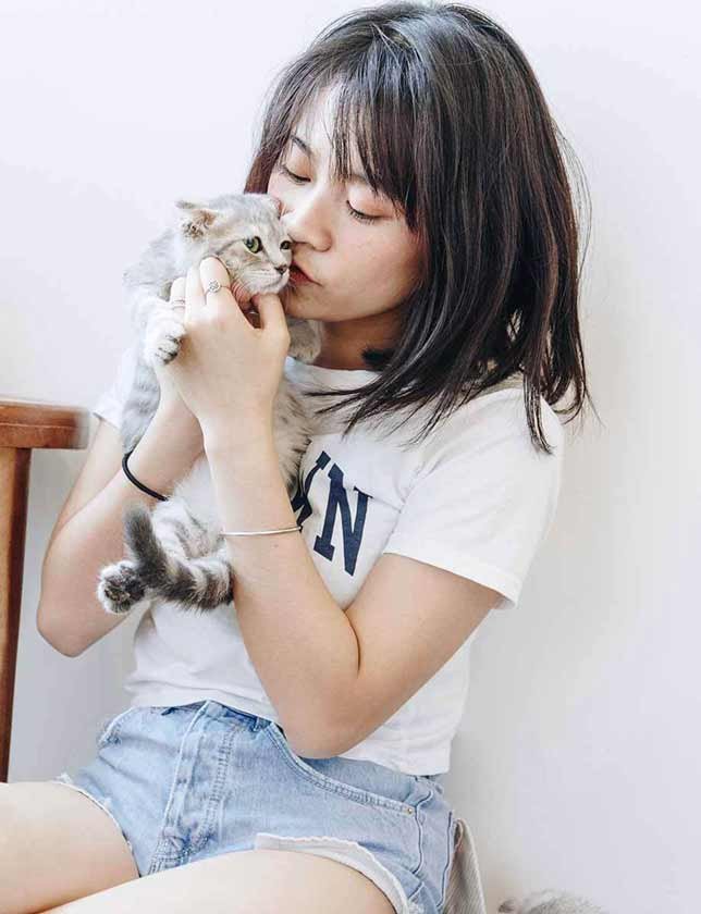 Girl cuddling grey kitten